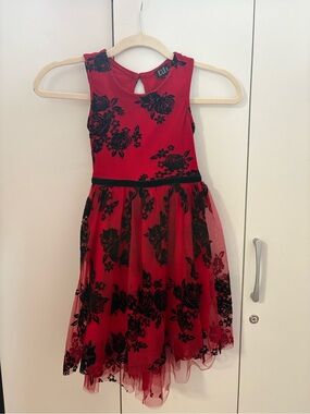 lilt Red Dress with Black Floral Overlay for Girls